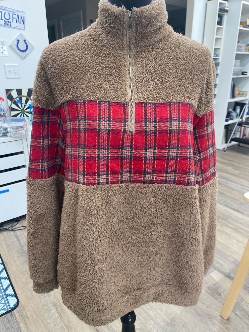 Brown Sherpa Pullover with Red Plaid Chest Panel